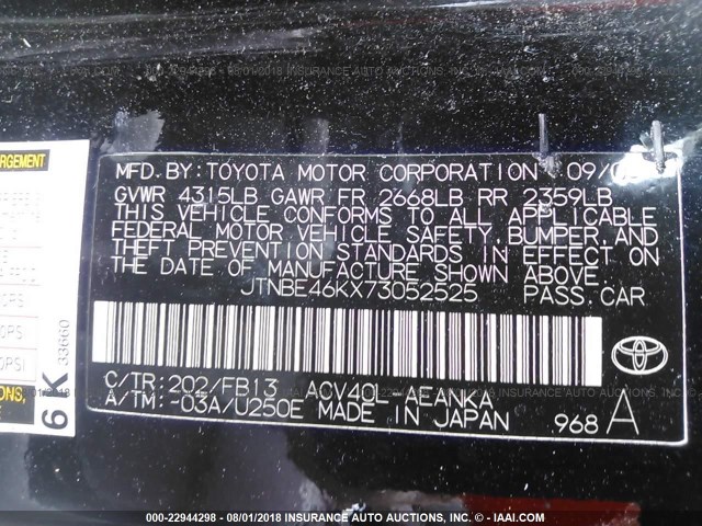 JTNBE46KX73052525 - 2007 TOYOTA CAMRY NEW GENERAT CE/LE/XLE/SE BLACK photo 9