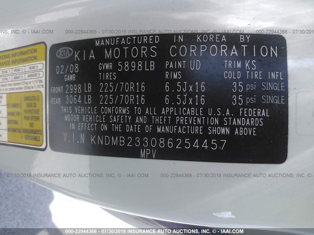 KNDMB233086254457 - 2008 KIA SEDONA EX/LX WHITE photo 9