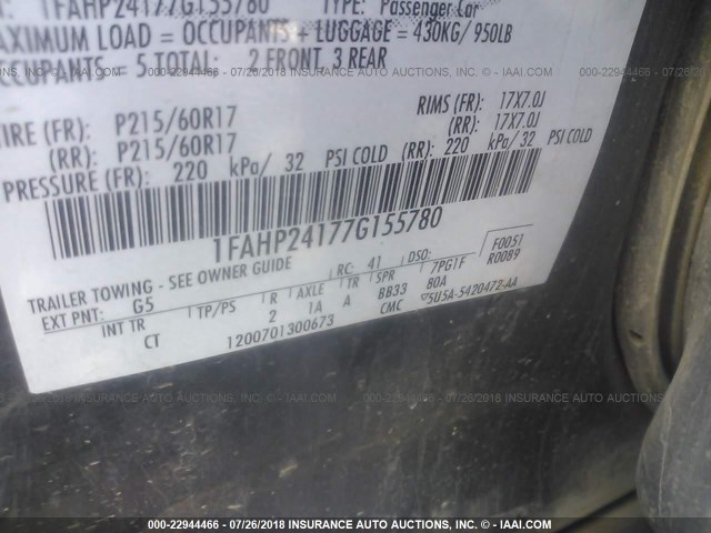 1FAHP24177G155780 - 2007 FORD FIVE HUNDRED SEL GRAY photo 9