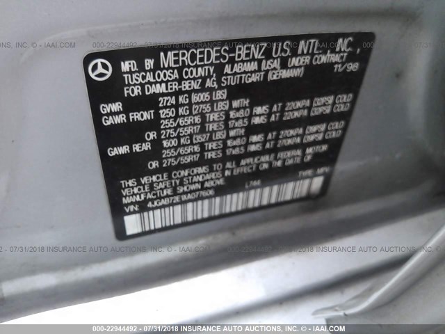 4JGAB72E1XA077606 - 1999 MERCEDES-BENZ ML 430 SILVER photo 9