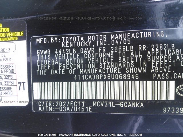 4T1CA38PX6U068946 - 2006 TOYOTA CAMRY SOLARA SE/SLE Qara foto 9