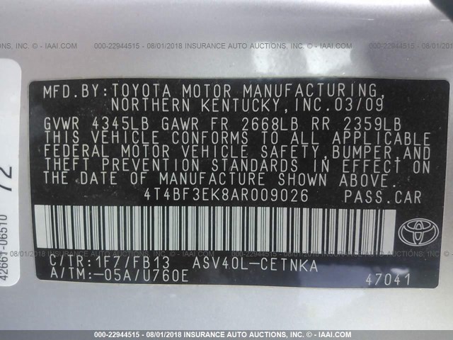 4T4BF3EK8AR009026 - 2010 TOYOTA CAMRY SE/LE/XLE ვერცხლისფერი ფოტო 9