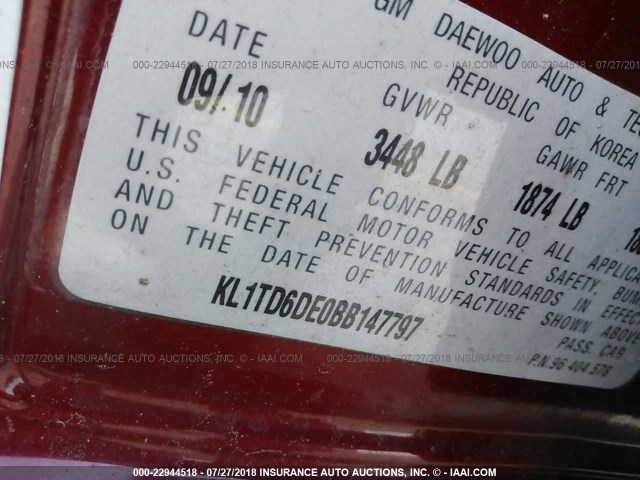 KL1TD6DE0BB147797 - 2011 CHEVROLET AVEO LS/LT 红色 照片 9