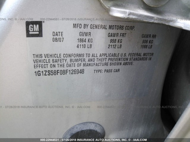 1G1ZS58F08F126948 - 2008 CHEVROLET MALIBU LS ვერცხლისფერი ფოტო 9