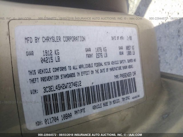 3C3EL45H2WT274612 - 1998 CHRYSLER SEBRING JX GOLD photo 9