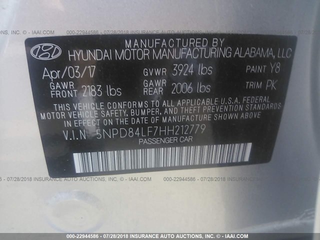 5NPD84LF7HH212779 - 2017 HYUNDAI ELANTRA SE/VALUE/LIMITED SILVER photo 9