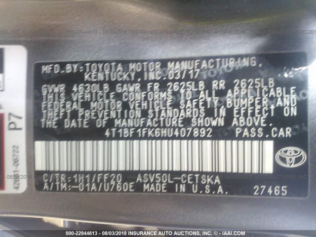 4T1BF1FK6HU407892 - 2017 TOYOTA CAMRY LE/XLE/SE/XSE 灰色 照片 9