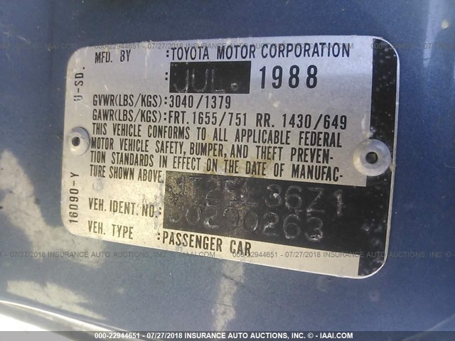 JT2EL36Z1J0290263 - 1988 TOYOTA TERCEL EZ BLUE photo 9