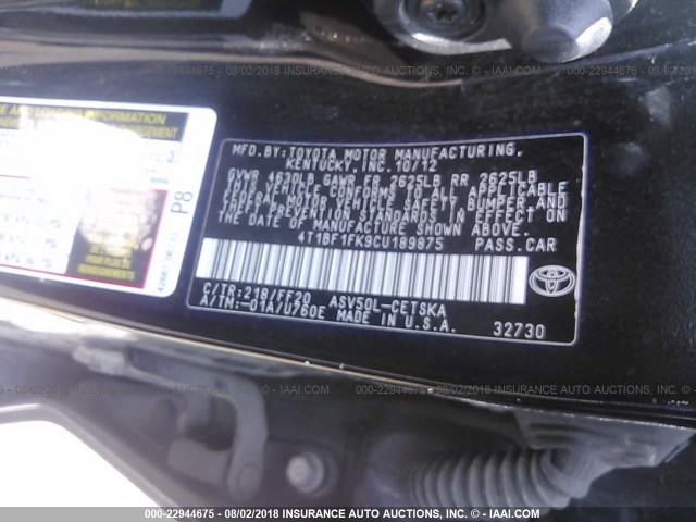 4T1BF1FK9CU189875 - 2012 TOYOTA CAMRY SE/LE/XLE შავი ფოტო 9