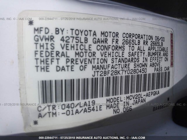 JT2BF28K7Y0280450 - 2000 TOYOTA CAMRY LE/XLE WHITE photo 9