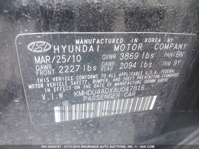 KMHDU4ADXAU047816 - 2010 HYUNDAI ELANTRA BLUE/GLS/SE BLACK photo 9