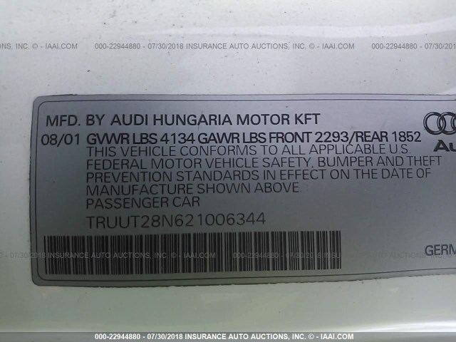 TRUUT28N621006344 - 2002 AUDI TT QUATTRO WHITE photo 9