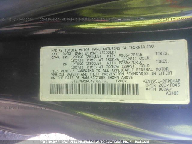 5TESN92N04Z328791 - 2004 TOYOTA TACOMA XTRACAB PRERUNNER 黑色 照片 9