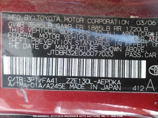 JTDBR32E060077033 - 2006 TOYOTA COROLLA CE/LE RED photo 9