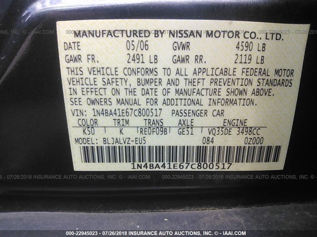 1N4BA41E67C800517 - 2007 NISSAN MAXIMA SE/SL GRAY photo 9