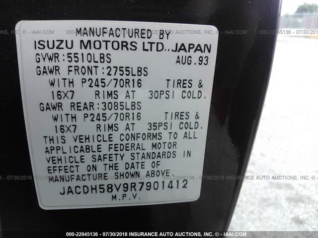 JACDH58V9R7901412 - 1994 ISUZU TROOPER S BURGUNDY photo 9