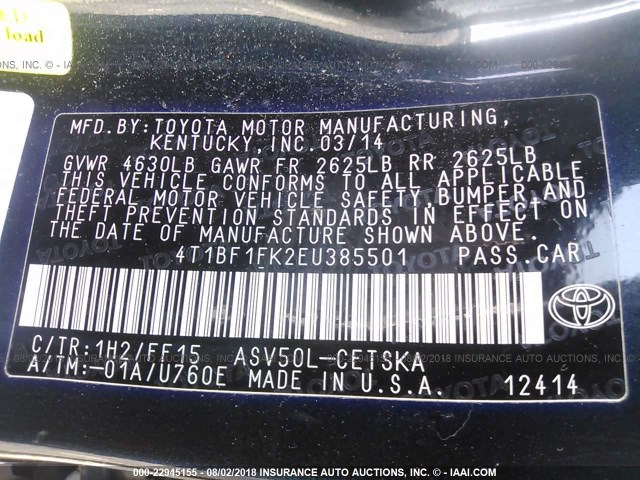 4T1BF1FK2EU385501 - 2014 TOYOTA CAMRY L/SE/LE/XLE 黑色 照片 9