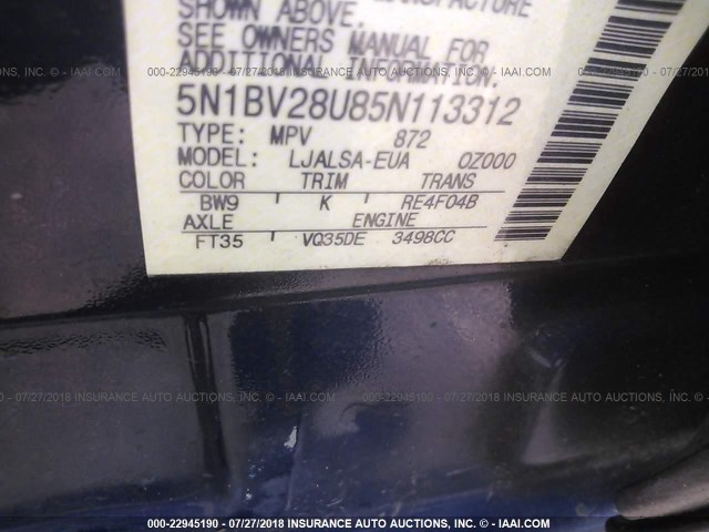 5N1BV28U85N113312 - 2005 NISSAN QUEST S/SE/SL BLUE photo 9