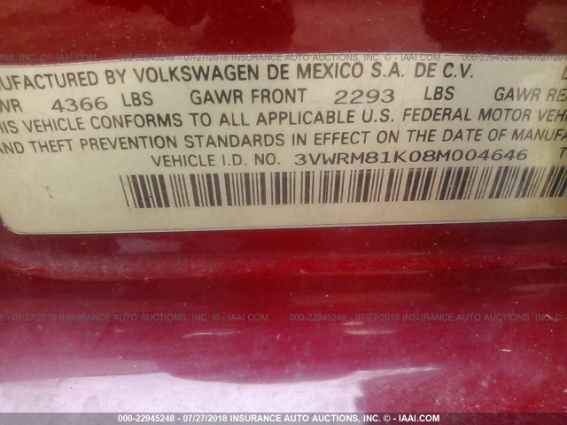 3VWRM81K08M004646 - 2008 VOLKSWAGEN JETTA SE/SEL RED photo 9