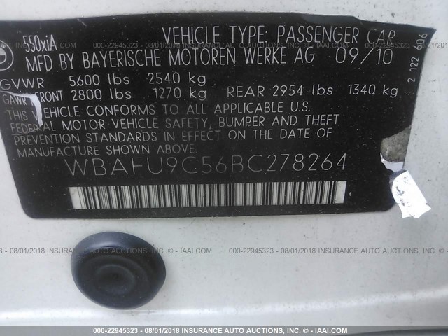 WBAFU9C56BC278264 - 2011 BMW 550 XI WHITE photo 9