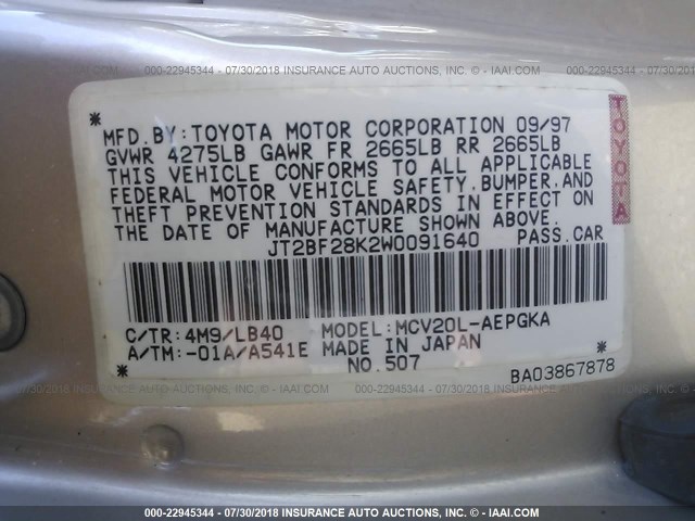 JT2BF28K2W0091640 - 1998 TOYOTA CAMRY LE/XLE GOLD photo 9