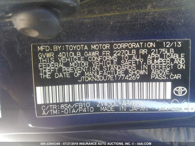 JTDKN3DU7E1774269 - 2014 TOYOTA PRIUS BLUE photo 9