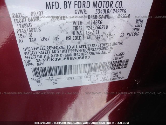 2FMDK39C88BA06693 - 2008 FORD EDGE LIMITED RED photo 9