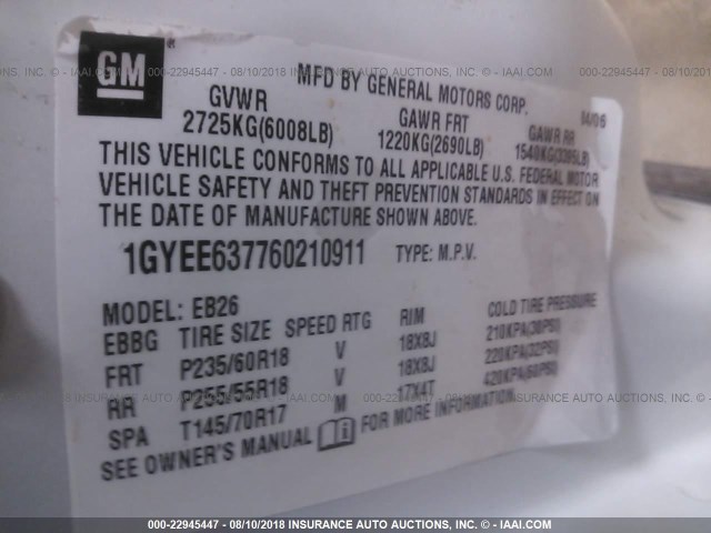 1GYEE637760210911 - 2006 CADILLAC SRX WHITE photo 9