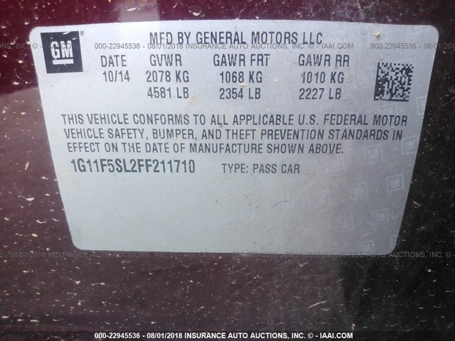 1G11F5SL2FF211710 - 2015 CHEVROLET MALIBU LTZ 勃艮第红 照片 9