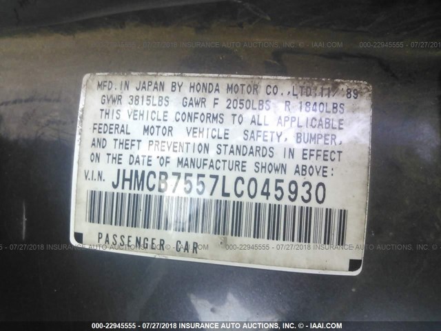 JHMCB7557LC045930 - 1990 HONDA ACCORD LX/EX BLACK photo 9