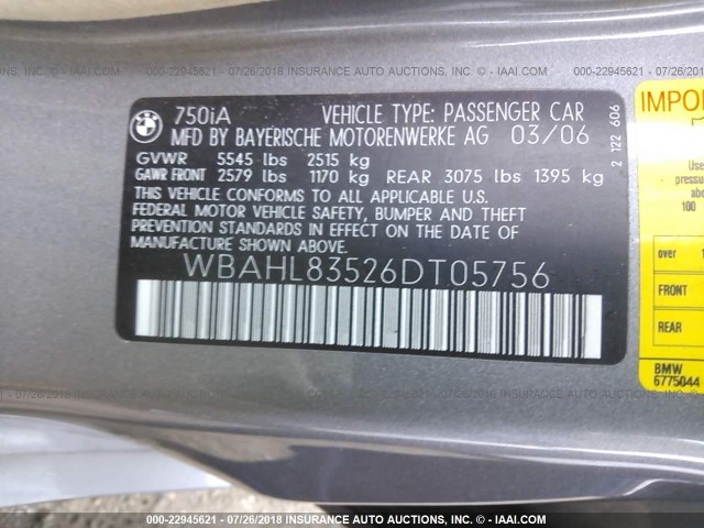 WBAHL83526DT05756 - 2006 BMW 750 I GRAY photo 9
