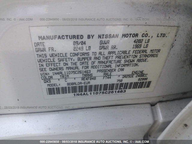 1N4AL11D75C261463 - 2005 NISSAN ALTIMA S/SL WHITE photo 9