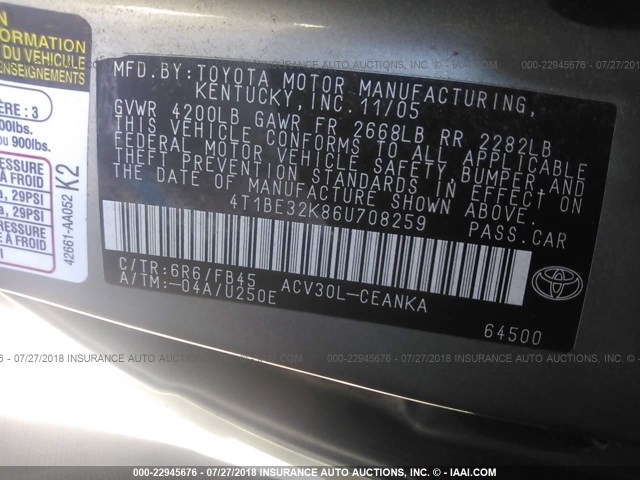 4T1BE32K86U708259 - 2006 TOYOTA CAMRY LE/XLE/SE 灰色 照片 9