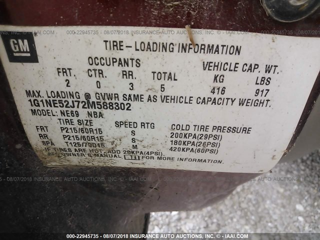 1G1NE52J72M588302 - 2002 CHEVROLET MALIBU LS მუქწითელი ფოტო 9