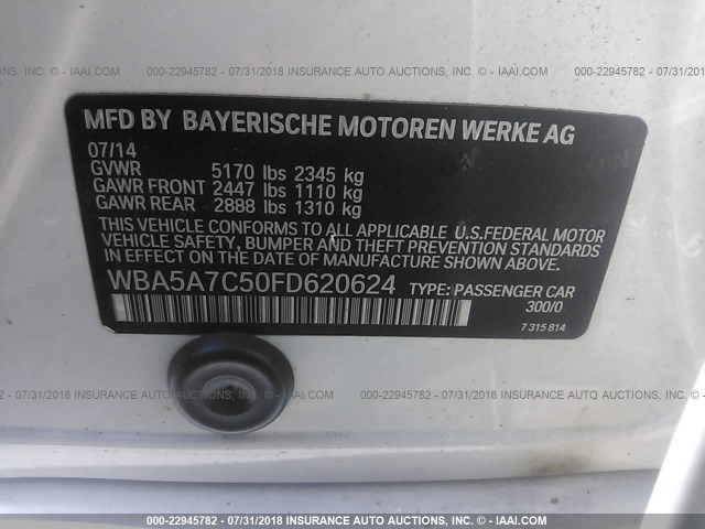 WBA5A7C50FD620624 - 2015 BMW 528 XI WHITE photo 9