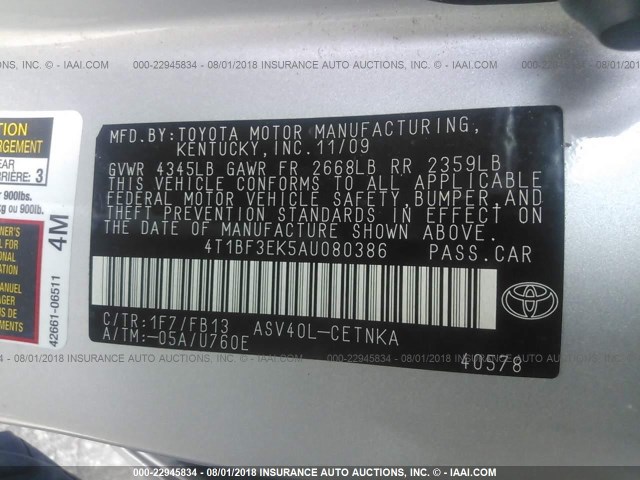 4T1BF3EK5AU080386 - 2010 TOYOTA CAMRY SE/LE/XLE ვერცხლისფერი ფოტო 9