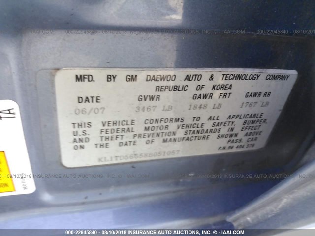 KL1TD56658B051057 - 2008 CHEVROLET AVEO LS Light Blue photo 9