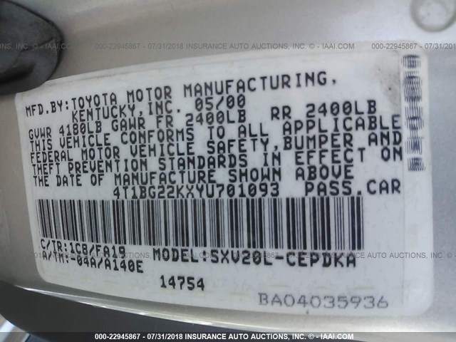 4T1BG22KXYU701093 - 2000 TOYOTA CAMRY CE/LE/XLE 银色 照片 9