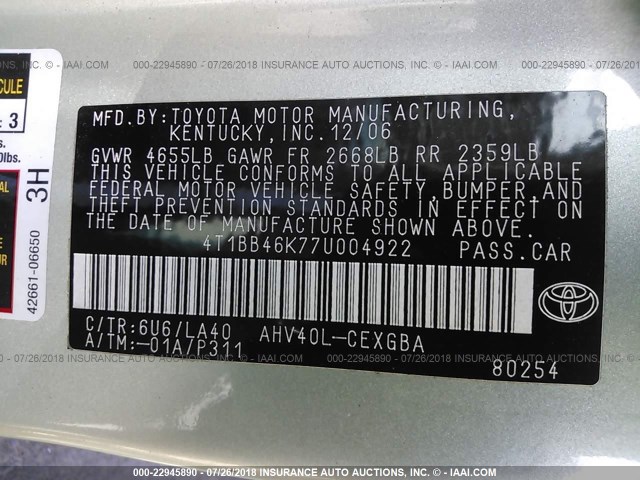 4T1BB46K77U004922 - 2007 TOYOTA CAMRY NEW GENERAT HYBRID GREEN photo 9