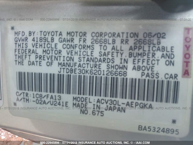 JTDBE30K620126668 - 2002 TOYOTA CAMRY LE/XLE/SE Gümüş foto 9