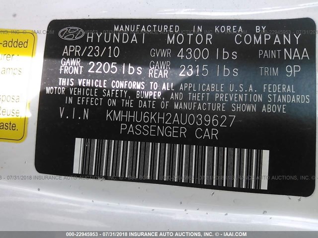 KMHHU6KH2AU039627 - 2010 HYUNDAI GENESIS COUPE 3.8L WHITE photo 9