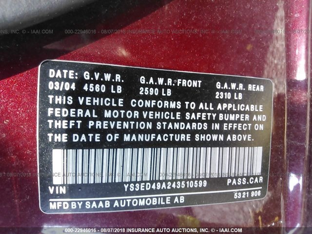 YS3ED49A243510599 - 2004 SAAB 9-5 ARC MAROON photo 9