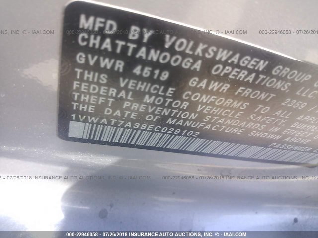 1VWAT7A38EC029102 - 2014 VOLKSWAGEN PASSAT S SILVER photo 9