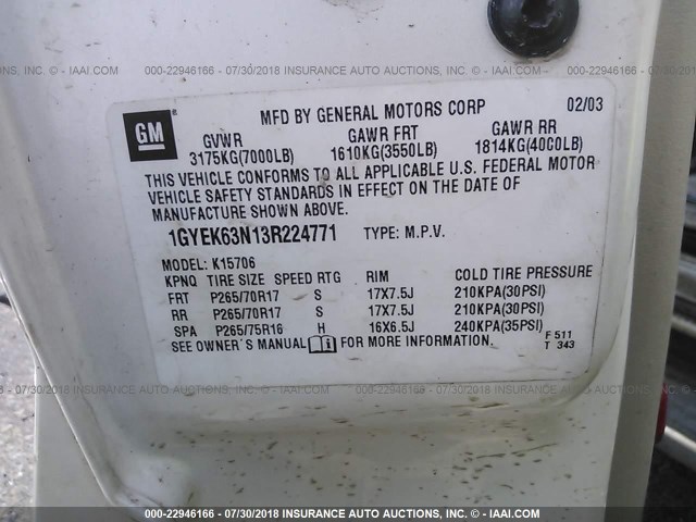 1GYEK63N13R224771 - 2003 CADILLAC ESCALADE LUXURY Weiß Foto 9