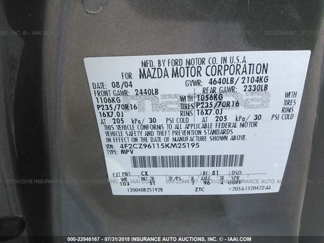 4F2CZ96115KM25195 - 2005 MAZDA TRIBUTE S GRAY photo 9