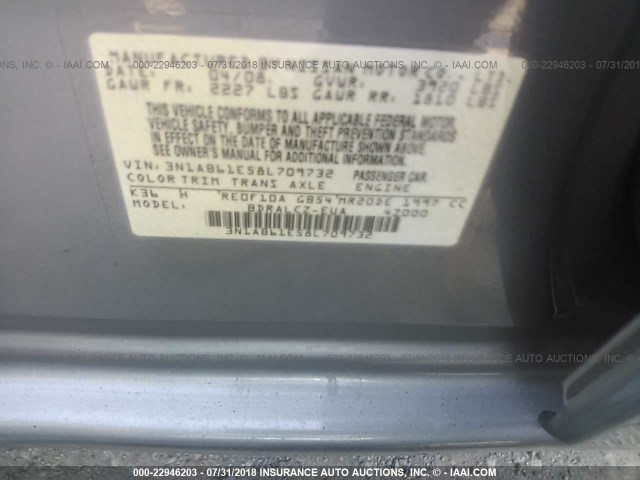 3N1AB61E58L709732 - 2008 NISSAN SENTRA 2.0/2.0S/2.0SL GRAY photo 9