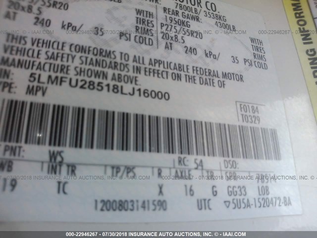 5LMFU28518LJ16000 - 2008 LINCOLN NAVIGATOR WHITE photo 9