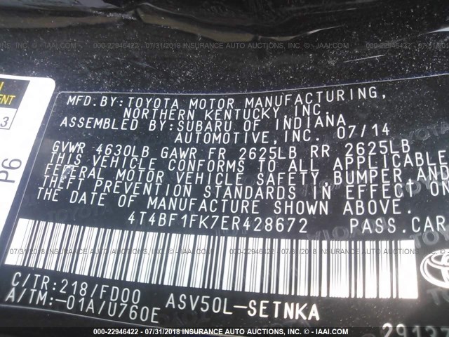 4T4BF1FK7ER428672 - 2014 TOYOTA CAMRY L/SE/LE/XLE BLACK photo 9