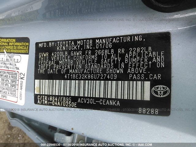 4T1BE32K86U727409 - 2006 TOYOTA CAMRY LE/XLE/SE Açıq mavi foto 9