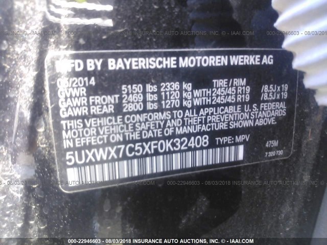 5UXWX7C5XF0K32408 - 2015 BMW X3 XDRIVE35I BLACK photo 9